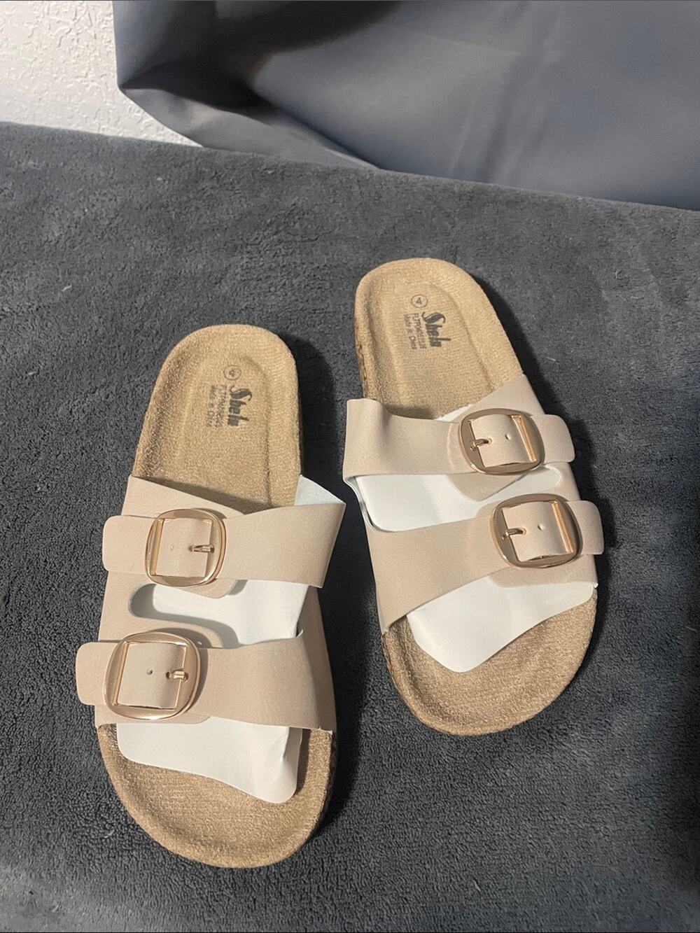 SHEIN Beige Double-Buckle Slide Sandals  Gold Buckles NWOT SIZE 4